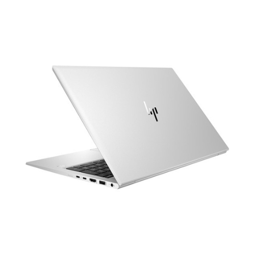 A silver HP EliteBook 850 G7 i7 laptop, partially open and viewed from the back left, shows the HP logo on the lid with multiple ports along its left edge.