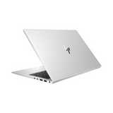 A silver HP EliteBook 850 G7 i7 laptop, partially open and viewed from the back left, shows the HP logo on the lid with multiple ports along its left edge.