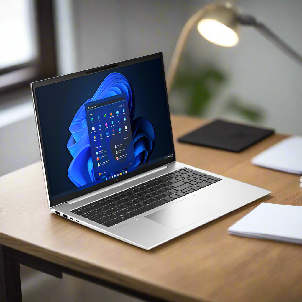 A certified refurbished HP EliteBook 860 G10 16" silver laptop with black keyboard is open, displaying the Windows 11 Pro screen against a white background. Features a 13th Gen Intel Core i7 1355U, 16GB RAM, and 256GB SSD.
