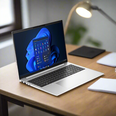 A certified refurbished HP EliteBook 860 G10 16" silver laptop with black keyboard is open, displaying the Windows 11 Pro screen against a white background. Features a 13th Gen Intel Core i7 1355U, 16GB RAM, and 256GB SSD.