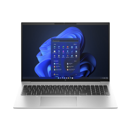 A certified refurbished HP EliteBook 860 G10 16" silver laptop with a black keyboard displays Windows 11 Pro on a dark abstract background. Powered by a 13th Gen Intel Core i7-1355U, 16GB RAM, and 256GB SSD for seamless performance.