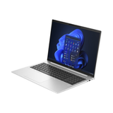 A certified refurbished HP EliteBook 860 G10 laptop (16", i7-1355U, 16GB RAM, 256GB SSD, Windows 11 Pro) with a black keyboard is open and angled right, showing the home screen on a white background.