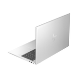 A silver HP EliteBook 860 G10 i7 laptop, viewed partially open from the back left, displays the HP logo on its lid and part of the keyboard. This certified refurbished 16" HP laptop is shown on a simple white background.