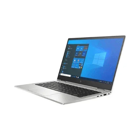 A certified refurbished HP EliteBook X360 830 G8 with Intel i5-1145G7, 16GB RAM, and 256GB SSD is open to the Windows screen. Viewed from the right side, it shows multiple ports along its silver edge and features a black keyboard.