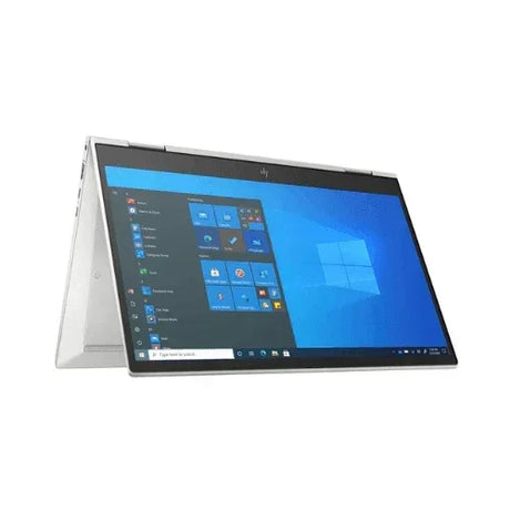 A silver HP EliteBook X360 830 G8 with Intel i5, 16GB RAM, and Windows 11 Pro is shown in tent mode on its 13.3" touchscreen, displaying the home screen with various app icons and the default blue wallpaper.