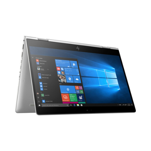 A silver HP EliteBook X360 830 G5 2-in-1 laptop (i5 8250U, 8GB, 128GB SSD, 13.3" touch) from HP is shown in tent mode running Windows 11 Pro, highlighting its sleek design, visible keyboard, and prominent HP logo on the back.