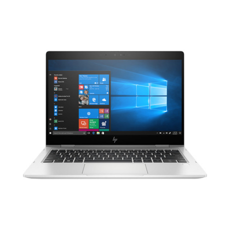 An open silver HP EliteBook X360 830 G5 13.3" Touch laptop with black keyboard displays the Windows desktop on a white background. Specs: i5 8250U 1.6GHz, 8GB RAM, 128GB SSD, Windows 11 Pro. Brand: HP.