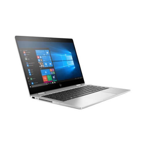 A silver HP EliteBook X360 830 G5 i5 8250U 13.3" Touch laptop is open, angled right, showing Windows on its screen against a white background.