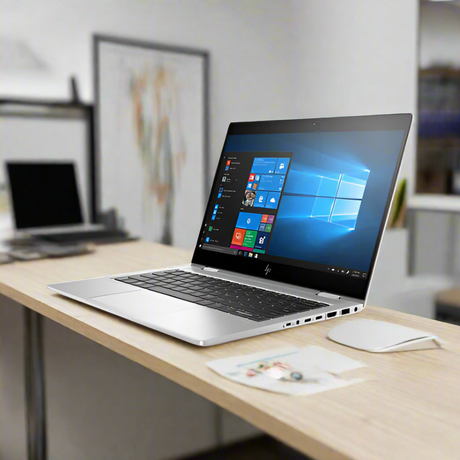 A certified refurbished HP EliteBook X360 830 G5 i5 8250U 1.6GHz 8GB 128GB SSD 13.3" Touch by HP is shown open with a black keyboard and Windows 11 Pro on screen, angled left against a white background.