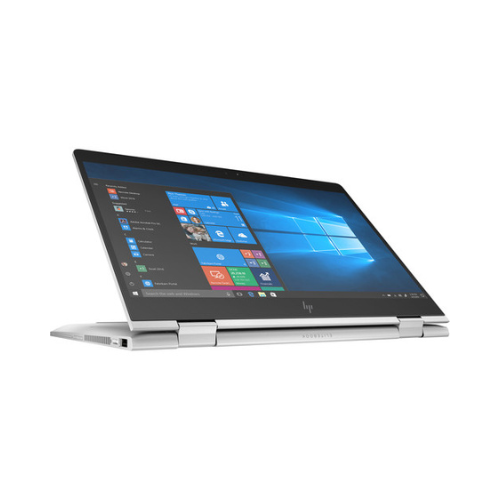 An HP EliteBook X360 830 G5 2-in-1 laptop in silver is shown in tent mode, featuring its 13.3" touchscreen displaying the Windows home screen. Specs: i5-8250U, 8GB RAM, 128GB SSD, Windows 11 Pro.