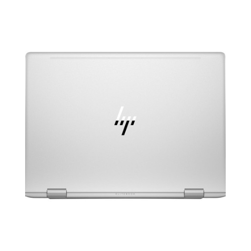 Closed silver HP EliteBook X360 830 G5 i5 8250U laptop viewed from above with the HP logo centered on the lid and hinges visible along the lower edge.