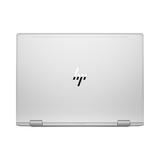 Closed silver HP EliteBook X360 830 G5 i5 8250U laptop viewed from above with the HP logo centered on the lid and hinges visible along the lower edge.