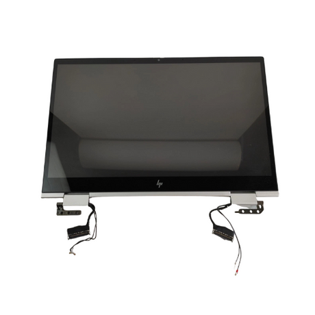Certified refurbished HP EliteBook x360 830 G8 13.3" LCD touchscreen assembly by HP, includes black bezel, detached hinges, and visible wiring—ideal for screen replacement. Displayed on a white background.