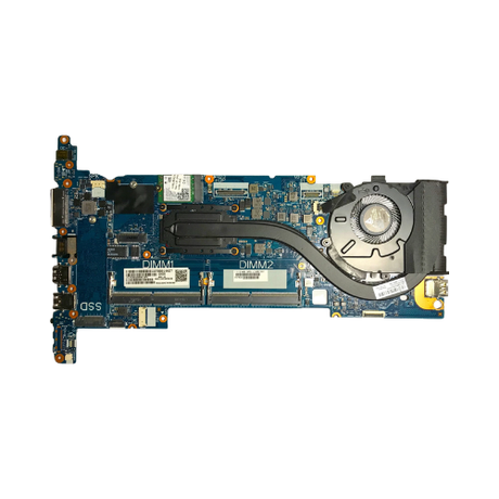 A certified refurbished HP Elitebook 830 G5 i7 8650U motherboard (L13687-601) from HP, with multiple chips, circuits, visible slots and ports, and labeled memory sections. Includes 1-year warranty.