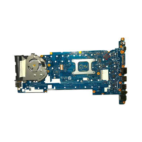 A refurbished HP Elitebook 830 G5 motherboard, model L13687-601, featuring an Intel i7-8650U, visible connectors and ports. Includes a 1-year warranty. Brand: HP.