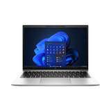 An open HP EliteBook 830 G9 (Intel Core i7-1255U, 16GB RAM, 256GB SSD, 14), certified refurbished by HP and showing the Windows 11 Pro home screen with a black keyboard.
