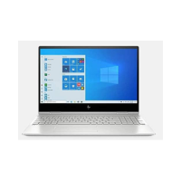 A silver HP Envy x360 15" convertible laptop with a 15.6" touchscreen, shown running Windows 11 Home, features an Intel Core i5-10210U processor, 16GB RAM, and a 256GB SSD.