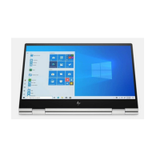 A silver HP Envy x360 15" convertible laptop is shown in tablet mode, featuring an Intel Core i5-10210U processor, 16GB RAM, 256GB SSD, a 15.6" touch display, and Windows 11 Home on the screen.