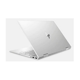 A silver HP Envy x360 15" convertible laptop (i5-10210U, 16GB RAM, 256GB SSD) is partially open, displaying the back with the HP logo, plus parts of the keyboard and side ports.