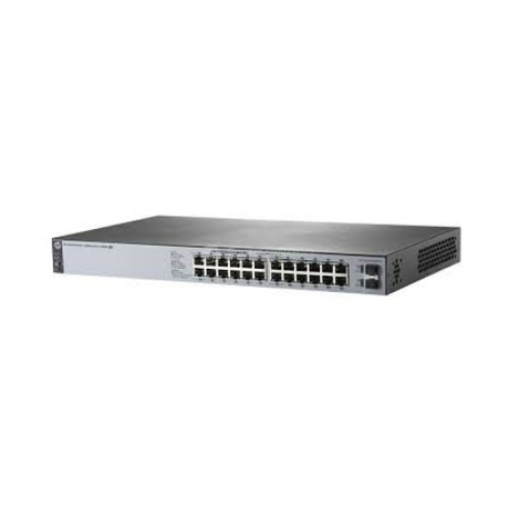 The HP J9983A OfficeConnect 1820-24G PoE+ is a certified refurbished, rack-mountable 24-port managed Gigabit switch with durable metal casing and port indicator lights, ideal for network setups. Brand: HP.