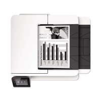 Top view of a Certified Refurbished HP LaserJet Pro MFP M426fdn monochrome laser printer, featuring a touchscreen display and printing a grayscale document with a bar graph and photo. Brand: HP. Page Count: 42.9k.