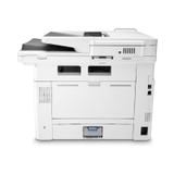 A certified refurbished HP LaserJet Pro MFP M428fdw Wireless Mono Printer by HP, featuring a scanner on top, side view display, control buttons, paper tray, and multiple output trays; supports up to 30k page count.