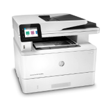 An HP LaserJet Pro MFP M428fdw wireless monochrome printer by HP, with a touchscreen, paper tray, and top document feeder, is pictured against a plain background.