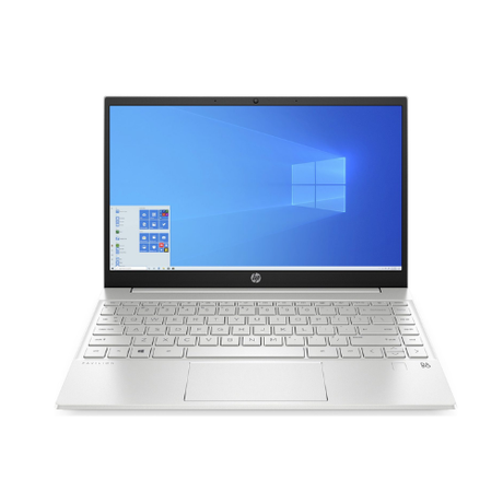 A silver HP Pavilion 13-bb0 i7-1165G7 laptop with white keyboard, 8GB RAM, 512GB SSD, and 13.3" display is shown from the front against a white background, screen on Windows desktop. Certified refurbished.