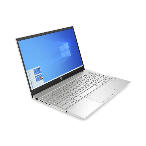 The certified refurbished HP Pavilion 13-bb0 i7-1165G7 features an 11th Gen Intel i7, 8GB RAM, 512GB SSD, and a large touchpad. Its silver keyboard and left-side ports are visible; it runs Windows 11 Pro.
