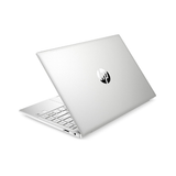 A silver HP Pavilion 13-bb0 i7-1165G7 laptop is partially open, displaying its keyboard and the HP logo on the lid against a white background. This certified refurbished model features 8GB RAM, 512GB SSD, and Windows 11 Pro.