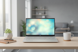 An HP Pavilion 15-EG0xxx laptop (i5, 8GB RAM, 256GB, MX450), certified refurbished, sits on a wooden desk with a blurred bokeh wallpaper, near a potted succulent, notebook and pencil, and white mug in a bright minimalistic room.