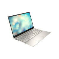 A certified refurbished silver HP Pavilion 15-EG0xxx laptop with Intel i5, 8GB RAM, 256GB SSD, MX450 graphics, and a 15.6" display is open on a white background, showing a screen with blurred colorful lights.