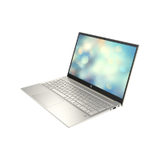A certified refurbished silver HP Pavilion 15-EG0xxx (i5 1135G7, 8GB, 256GB, MX450, 15.6" W11H) is open at an angle, showing a blurred blue and yellow abstract background on its screen with the keyboard and side ports visible.