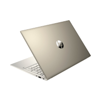 A silver HP Pavilion 15-EG0xxx laptop with an i5-1135G7, 8GB RAM, 256GB SSD, and MX450 is partially open, showing the keyboard and HP logo against a plain white background.