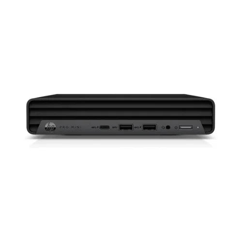 Front view of the HP ProDesk 400 G9 Mini i5 12500T 2GHz 16GB 512GB WIFI W11P | Wty shows USB-C, USB-A, headphone jack, power button, and top vent slots. Certified Refurbished by HP.