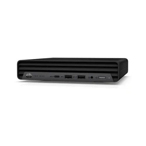 The HP ProDesk 400 G9 Mini is a compact black desktop featuring an Intel Core i5-12500T processor, 16GB RAM, 512GB storage, WiFi, and Windows 11 Pro. Its rectangular design includes front USB ports, headphone jack, and power button.