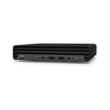 The HP ProDesk 400 G9 Mini is a compact black desktop featuring an Intel Core i5-12500T processor, 16GB RAM, 512GB storage, WiFi, and Windows 11 Pro. Its rectangular design includes front USB ports, headphone jack, and power button.