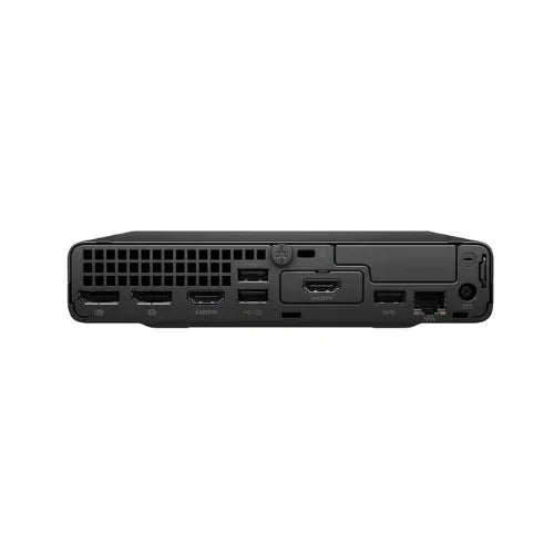 Rear view of a Certified Refurbished HP ProDesk 400 G9 Mini i7 13700T by HP, showing ultra-compact design with DisplayPort, HDMI, USB, Ethernet, and power input ports.