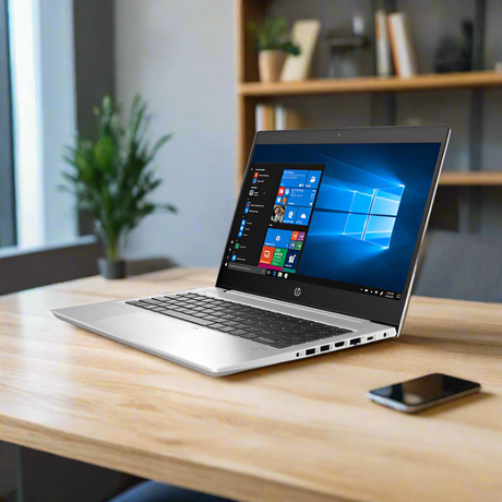 The refurbished HP ProBook 445 G6 Ryzen 7 Pro 2700U (16GB RAM, 512GB SSD, 14", Windows 11 Pro) sits on a wooden desk beside a smartphone, with a blurred bookshelf and potted plant in the background.