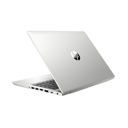 A silver HP ProBook 445 G6 Ryzen 7 Pro 2700U laptop is partially open, showing its keyboard and left-side ports. The HP logo is visible on the lid against a plain white background.