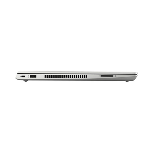 A closed silver HP ProBook 445 G6 Ryzen 7 Pro laptop is seen from the side, displaying its USB port, ventilation grill, and SD card slot against a white background.