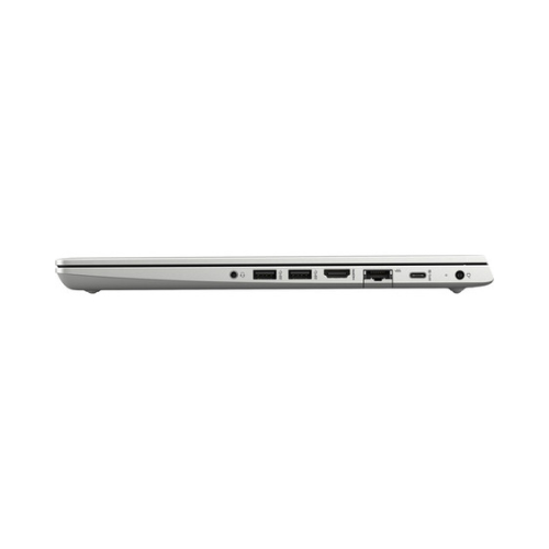 A silver HP ProBook 445 G6 with AMD Ryzen 7 Pro 2700U, 16GB RAM, and 512GB SSD is shown from the side—USB, HDMI, Ethernet, charging, and audio ports visible. Refurbished business laptop with a 14" display and Windows 11 Pro.