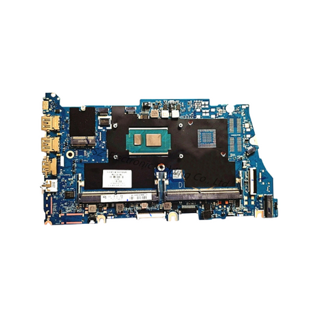 An HP ProBook 450 G8 laptop motherboard (M21702-601) with Intel Core i5-1135G7 2.4GHz processor, visible chips, ports, and RAM slots is shown isolated on a white background. Certified refurbished with warranty.