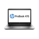 Silver HP ProBook 470 G4 business laptop by HP shown from the front, featuring a 17.3 display with the HP logo and ProBook 470 text visible on a white background. Specs: i5-7200U, 8GB RAM, 500GB SSD, 930MX GPU, Windows 10 Pro.