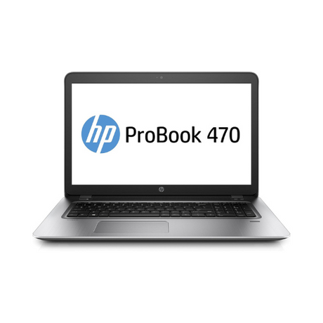 Silver HP ProBook 470 G4 business laptop by HP shown from the front, featuring a 17.3 display with the HP logo and ProBook 470 text visible on a white background. Specs: i5-7200U, 8GB RAM, 500GB SSD, 930MX GPU, Windows 10 Pro.
