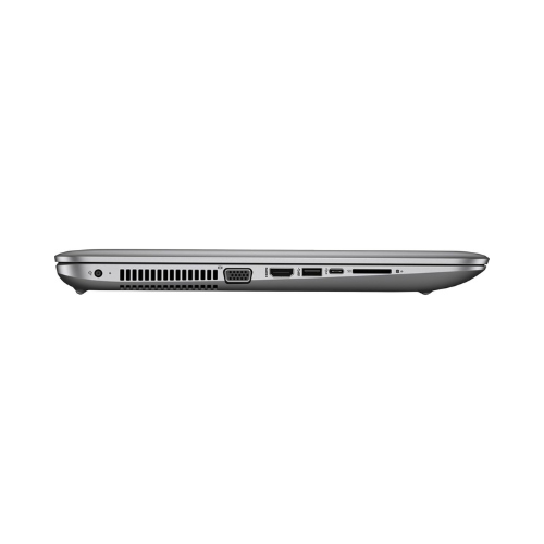 Side view of a closed HP ProBook 470 G4 i5 7200U laptop (17.3, 8GB RAM, 500GB SSD), showing HP branding and ports such as VGA, HDMI, USB, SD card slot, and a ventilation grille.