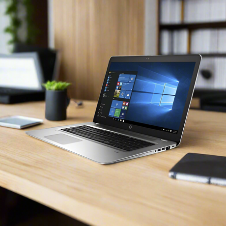 A silver HP ProBook 470 G4 i5 laptop with a 17.3 display shows the Windows 10 Pro start screen on a wooden desk, beside a notebook, smartphone, potted plant, and with a blurred office background.