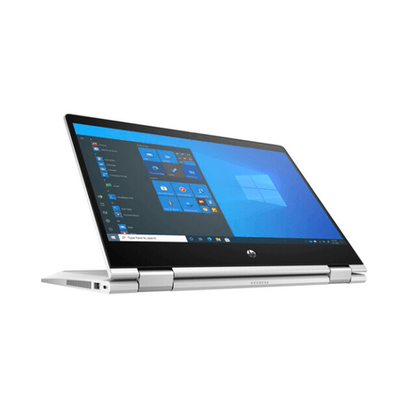 A silver HP ProBook X360 435 G8 Ryzen 7 laptop is shown in tent mode, its 13.3" touchscreen displaying Windows 11 Pro, highlighting versatile productivity against a plain white background.