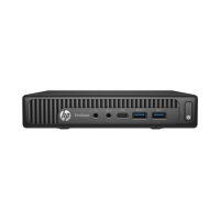 Front view of a Certified Refurbished HP ProDesk 600 G2 USDT, an ultra-compact business PC with i7 6700T, 8GB RAM, 256GB storage, WiFi, Windows 10 Pro, and front audio jacks, USB ports, and a power button on its sleek black case.