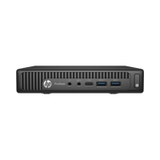Front view of a Certified Refurbished HP ProDesk 600 G2 USDT, an ultra-compact business PC with i7 6700T, 8GB RAM, 256GB storage, WiFi, Windows 10 Pro, and front audio jacks, USB ports, and a power button on its sleek black case.